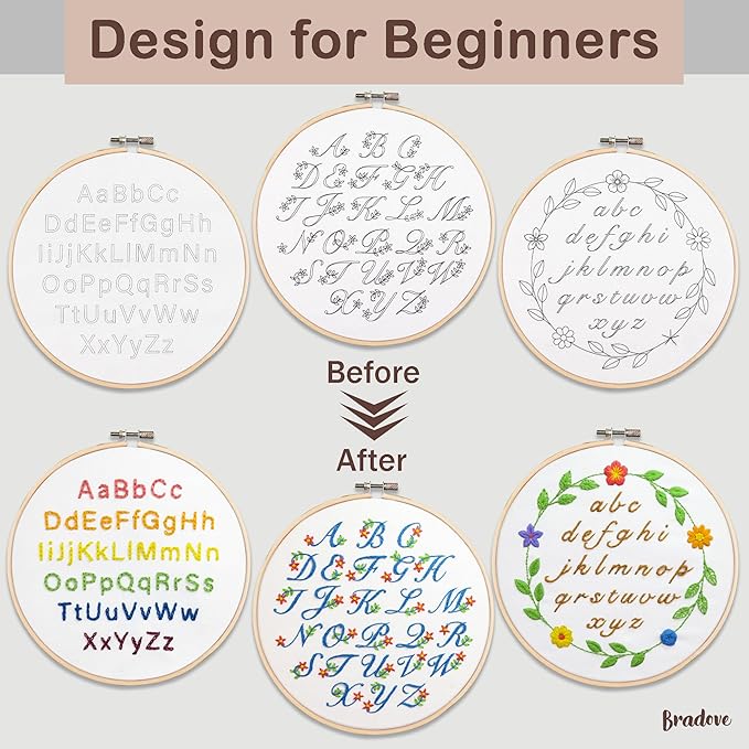 Bradove 3 Sets Alphabet Letter Practice Embroidery Kit for Beginners Adults Kids, Learn to Embroider Kit Adult Beginners