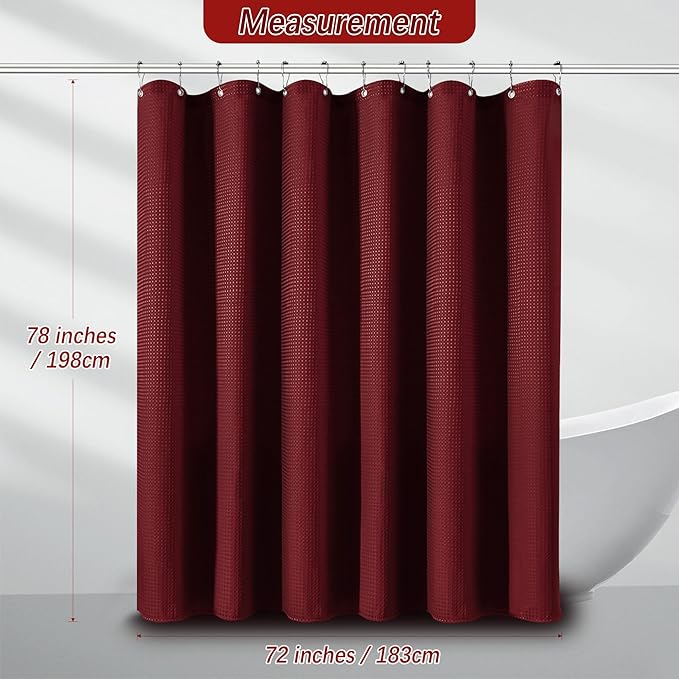 PANGSINNE Long Burgundy Fabric Shower Curtain - Waffle Textured Tall Heavy Duty Cloth Shower Curtains for Bathroom, 256GSM Large Hotel Spa Luxury Bath Curtain Set with 12 Hooks(72Wx78H, Burgundy)