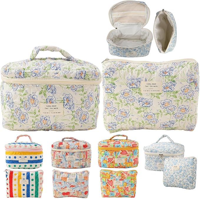 Fcteap Makeup Bag Travel Essentials Quilted Cosmetic Toiletry Pouch Organizer Insert for Women Dorm Room Essential Gift Large Capacity Opening Lightweight Cute Aesthetic Portable 2PCS (Flower)