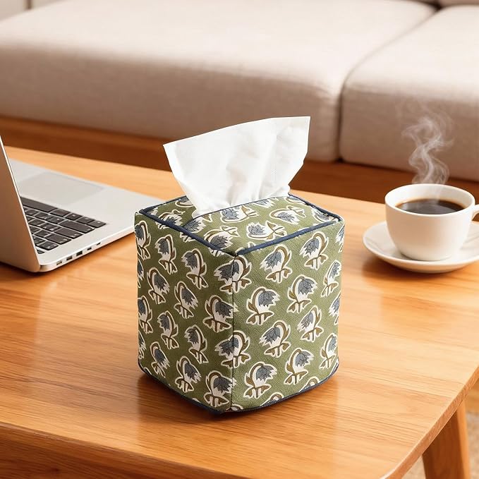 Mimorou Green Fabric Tissue Box Cover - Floral Print Tissue Box & Decorative Square Napkin Holder Handmade Cotton for Home Bedroom Vanity Countertop Night Stands Office