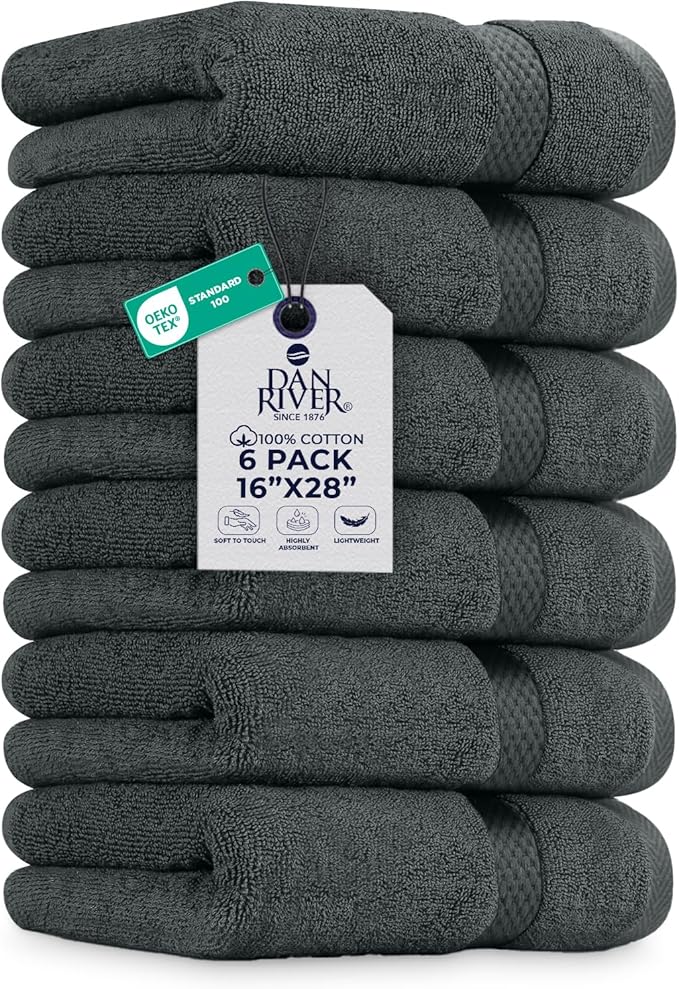 DAN RIVER 6-Pack Premium Hand Towels (16x28 Inches) - 100% Cotton, Ultra Soft, Lightweight, Highly Absorbent Towels for Bathroom, Spa, Gym, Salon, Hotel, and Travel – Gray