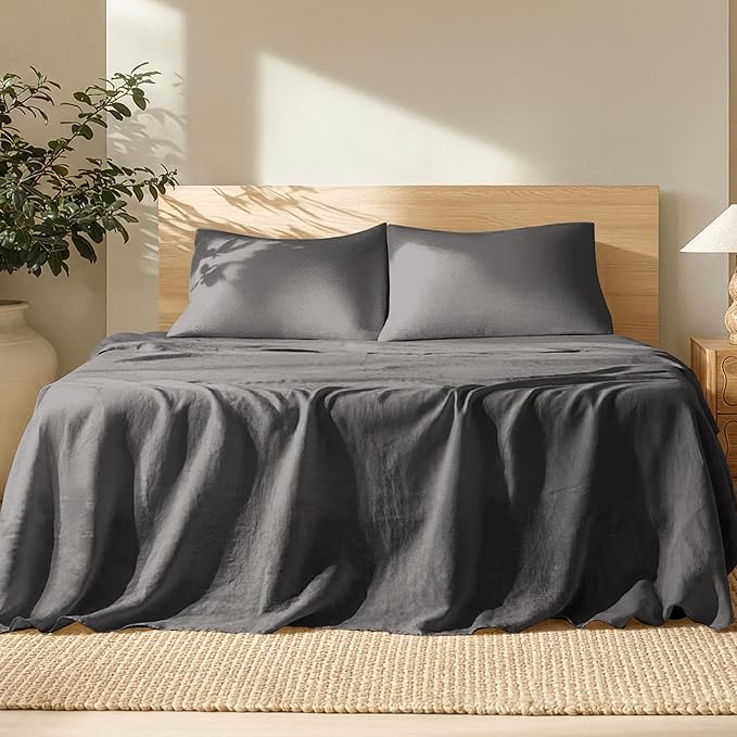 Bare Home California King Sheet Set - Luxury 100% European Linen - Deep Pockets - Easy Fit - 4 Piece Set - Bedding Sheets & Pillowcases (California King, Dark Grey)