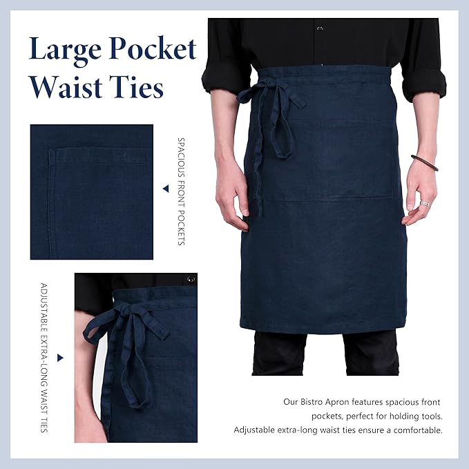 Pure Linen Bistro Half Apron - 25 x 35 Inch Unisex Waist Aprons with Large Pocket Ideal for Kitchen Crafts and More