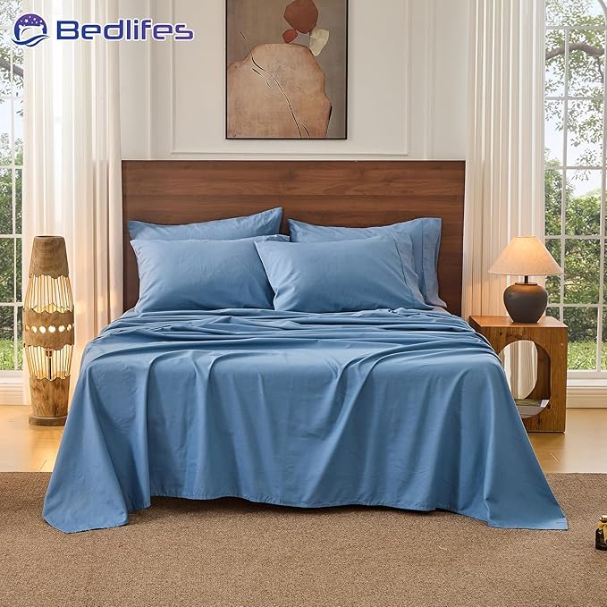 Bedlifes 100% French Pure Linen Sheets King Size Breathable and Cooling Flax Sheet Set Soft Durable and Moisture Wicking 16 Inch Deep Pocket-4 Piece(King,Flint Blue)