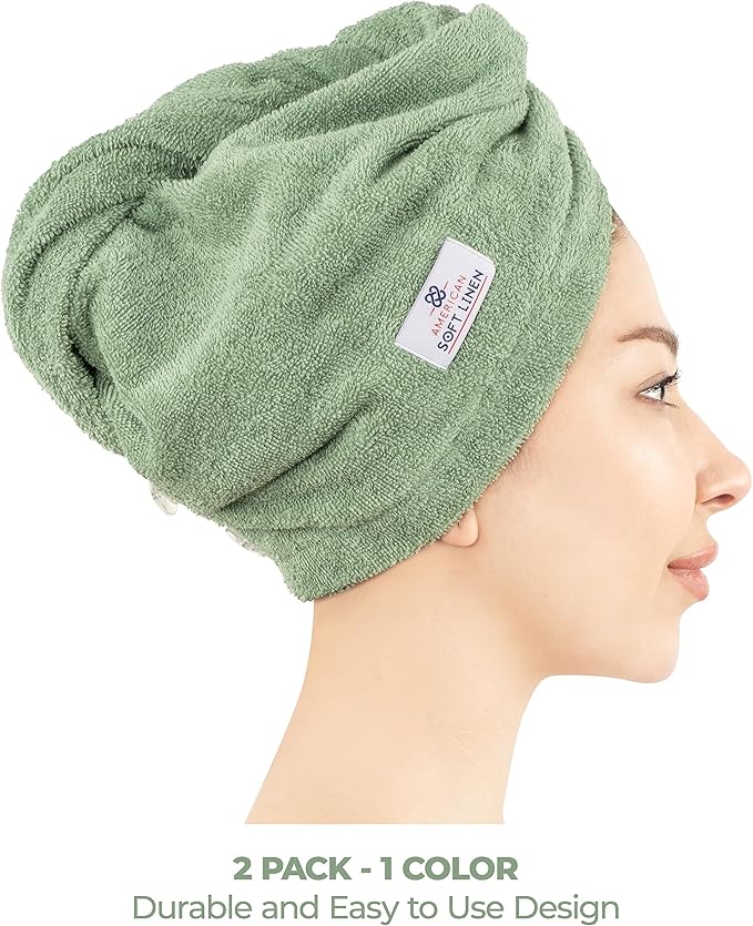 American Soft Linen 100% Cotton Hair Towels for Women, Head Towel Cap, Cotton Hair Turban Towel Wrap for Long Curly Anti Frizz Hair, Soft and Absorbent Cotton Hair Towels 2 Pack, Sage Green