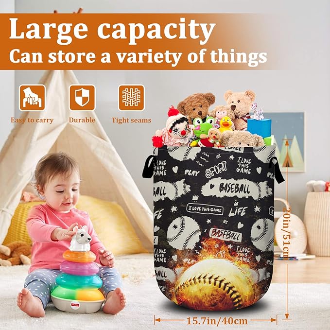 Baseball on Fire Laundry Basket with Sturdy Handles, Ball Game Collapsible Oxford Cloth Laundry Hamper Organizer Basket for Bathroom Bedroom 15.7x20 Inch