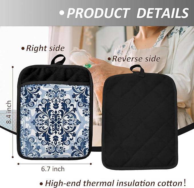Blue and White Porcelain Floral Pot Holders with Pockets, Blue Chinoiserie Floral Pot Holders Heat Resistant Oven Mitts Hot Pads for Kitchen Baking Cooking,Potholders for Kitchens