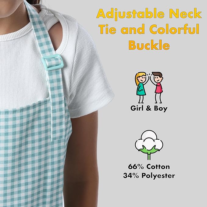 Kids Aprons for Cooking Waterdrop Resistant Aprons for Girl & Boy Toddler Apron for Painting, Gardening, Baking, Smock (Plaid Water Green, Small (3-5 years))