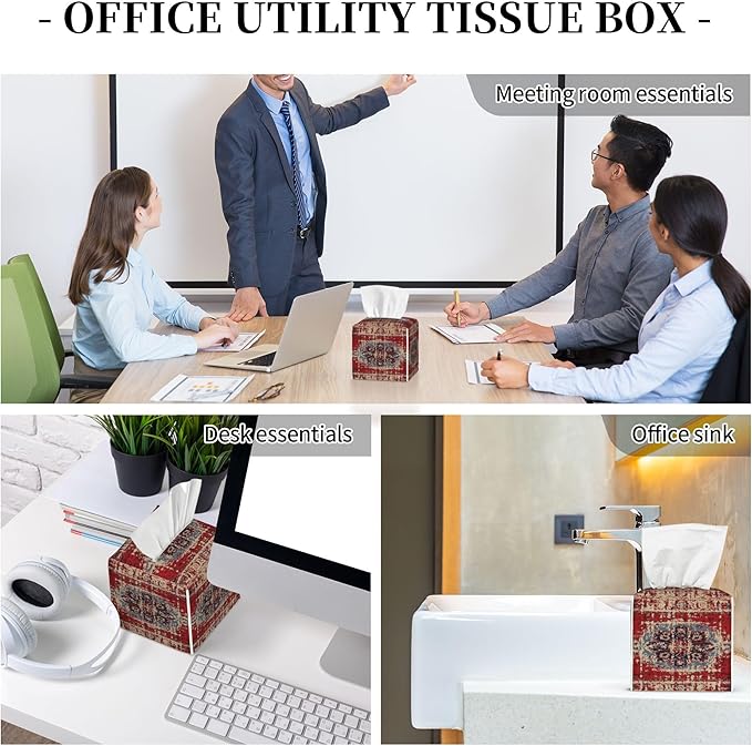 Tissue Box Cover Square, Vintage Boho Carpet Rug Leather Tissue Box Holder Decorative Organizer for Bathroom, Home Office Car Decor
