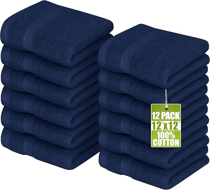 Utopia Towels 12 Pack Premium Wash Cloths Set, 12 by 12 Inches, 100% Cotton Ring Spun, Highly Absorbent and Soft Feel Essential Washcloths for Bathroom, Spa, Gym, and Face, Navy Blue