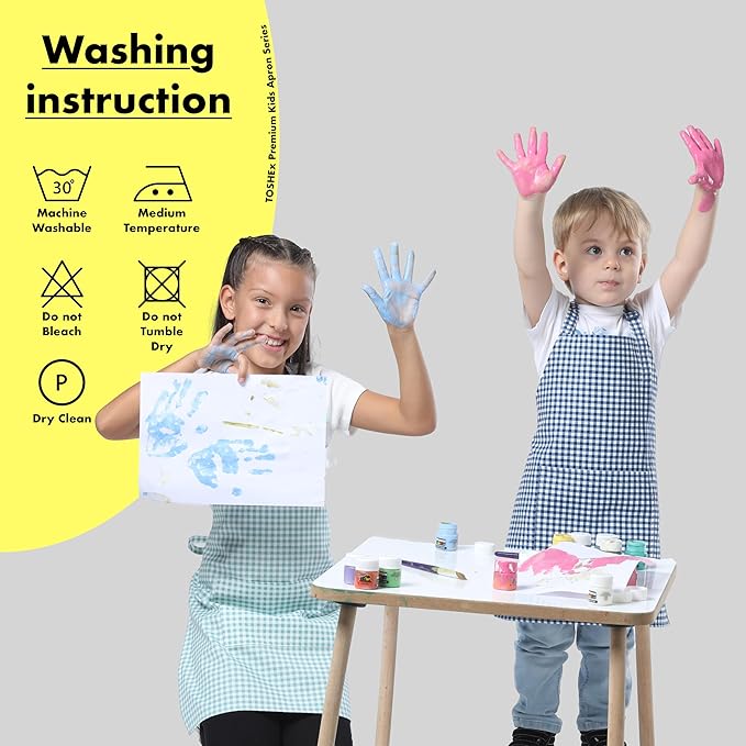 Kids Aprons for Cooking Waterdrop Resistant Aprons for Girl & Boy Toddler Apron for Painting, Gardening, Baking, Smock (Plaid Water Green, Small (3-5 years))