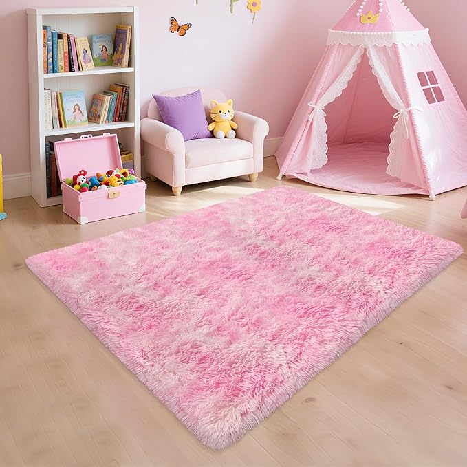 3x5 Fluffy Pink Rugs for Bedroom Girls, Soft Pink Fuzzy Rug for Girls Kids Baby Room, Kawaii Fuzzy Thick Shag Carpet Plush Mat Non-Slip Throw Rugs for Nursery Playroom Dorm Home