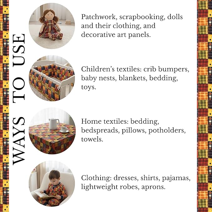 Harvest Plaid Patchwork Cotton Fabric Panel 61 × 36.6 Inches, Cozy Fall Checkered Print Cotton 140 GSM, Pre-Cut Sewing Fabric for Quilting, Crafts & Home Decor (USA Size)
