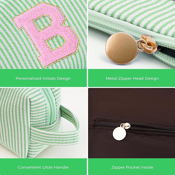 Btffitting Bridesmaid Gifts Wedding Day - Bridal Shower Gifts,Maid of Honor Gifts,Initials Makeup Bag Set Cosmetic Bag - Green,B