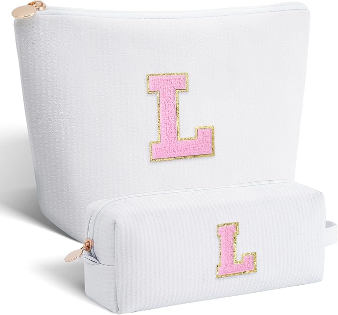 Btffitting Monogrammed Gifts for Women - Cosmetic Bag for Teen,Initial Cute Makeup Bag Set for Women,Trendy Pouch for Niece Sister Friend Female Her,Birthday Gifts for Daughter - White,L