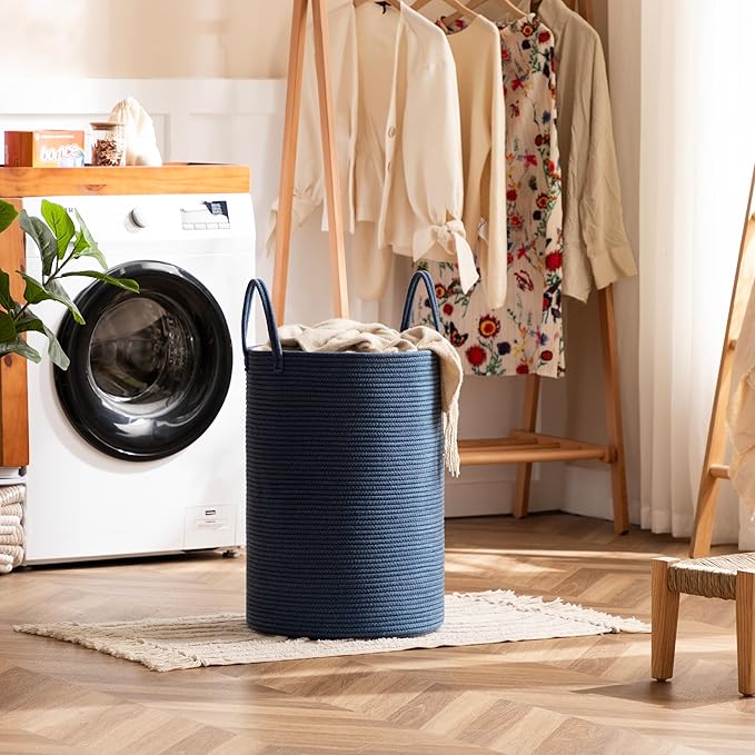 Laundry Basket, 52L Woven Laundry Hamper, Baby Nursery Hamper for Toys, Blanket Basket for Living Room, Clothes Hamper for Bedroom&Baby Room, Blue