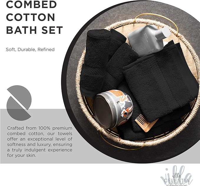 Villa Celestia 100% Cotton Bath Towel Set of 18-4 Bath Towels, 6 Hand Towels, 8 Wash Cloths, Sustainable, Soft, Highly Absorbent, Combed Cotton 18 Piece Set for Hotels, Spa, Bathroom, Dorm, Black