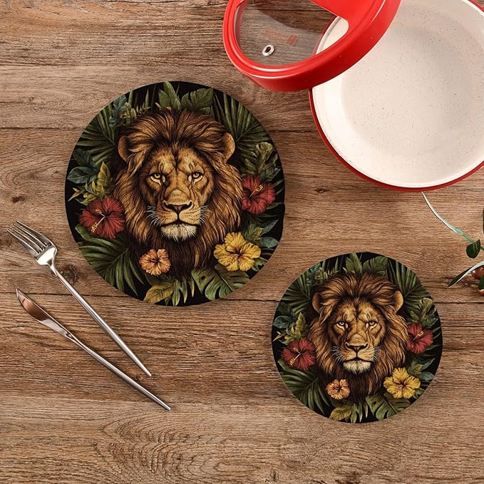 Lion Head Palm Leaves and Flowers 02 Trivets for Hot Dishes Pots and Pans Potholders Woven Trivet Cotton Round Large Pot Holder Decor Heat Resistant Hot Pads Mat for Table Counter Cooking Potho