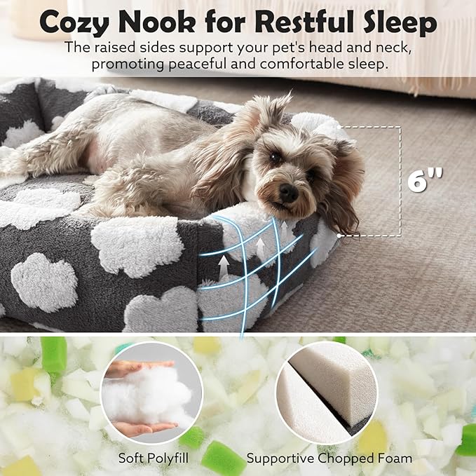 JOEJOY Small Dog Bed for Small Dogs, Rectangle Washable Orthopedic Dog Bed with Removable Zipper Cover, Cute Soft Calming Puppy Pet Bed with Jacquard Shaggy Plush & Non Skid Bottom