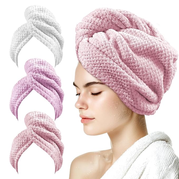 my novel things 3 Pack Hair Towel Wrap for Women, 25.4" x 9.8" Microfiber Towels, Super Absorbent Quick Dry with Button for Curly Hair Anti Frizz (Pink,White,Purple)