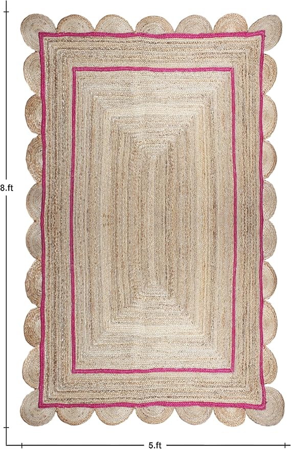 Scalloped Edge Rug, Hand Woven Natural Jute Area Rug, 8x10 Ft Beige & Pink Braided Sisal Kilim Rugs for Living Room, Kitchen, Entryway, Farmhouse
