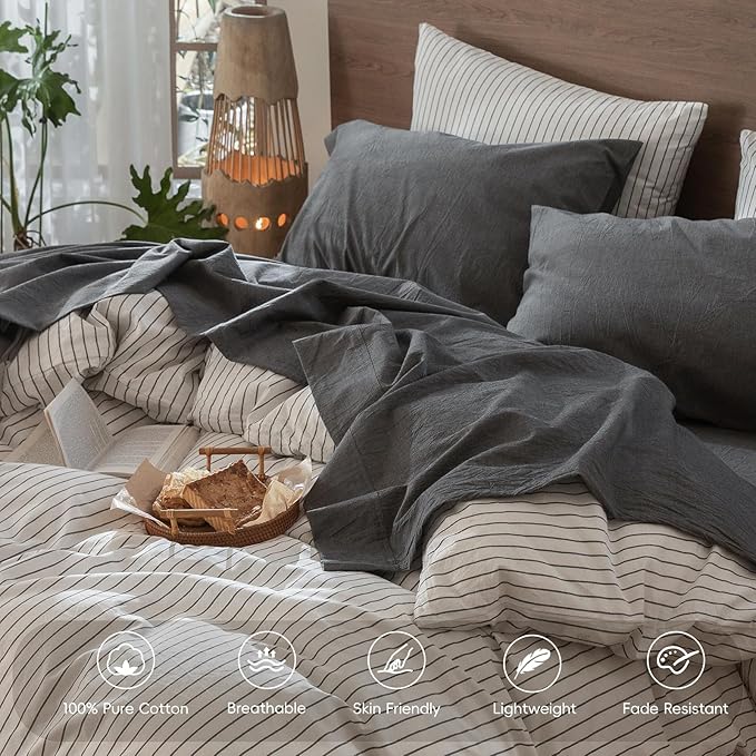 MooMee Bedding Sheet Set 100% Washed Cotton Linen Like Textured Breathable Durable Soft Comfy (Heathered Dark Grey, Full)
