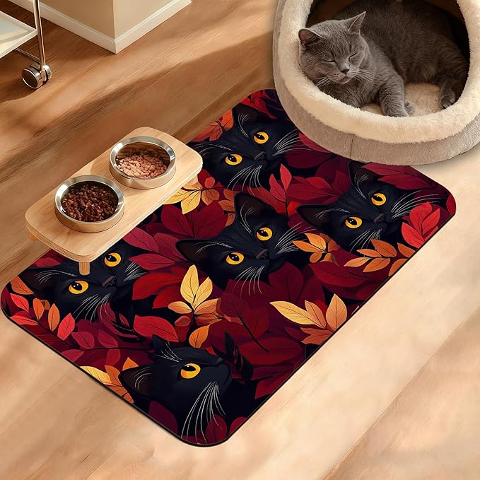 Dog Bowl Mat,Black Cat Pet Feeding Mat for Floors Waterproof,Forest Red Absorbent Dogs Placemat for Food and Water Quick Dry Pet Cat Feeding Mats with Non Slip Bottom 16" x 24"