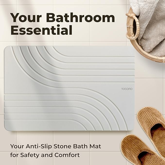 TOSORO - Stone Bath Mat, Diatomaceous Earth Non-Slip Stone Shower Mat - Quick Drying Absorbent Bath Mats for Bathroom - Elegant & Modern Design, Easy to Clean (23.5 x 15) - Grey