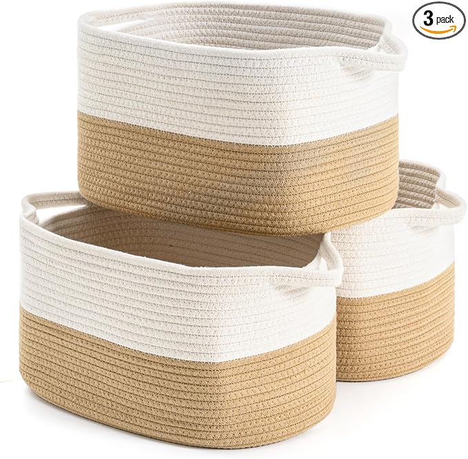 DUHEL Cotton Rope Woven Storage Basket, Used for Baby Hamper Toy Organizer, Gift Baskets Empty,Kids Laundry Basket,Baby Blanket Storage. Size 15x10x8.7 Inches. (White&Khaki-3PCS)