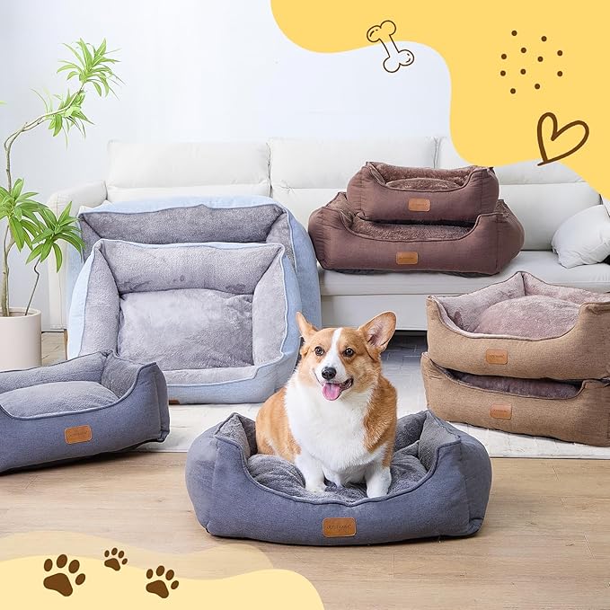 OUPEIWAWA Rectangle Dog Bed for Large Medium Small Dogs Washable Pet Bed with Bolster Sides Non-Slip Bottom Pet Sofa Waterproof Lining Durable Pet Cuddler, Dark-Brown, 33x 26x 7.5