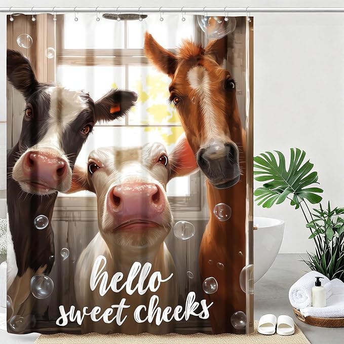 mutakin Cute Animals Shower Curtain Funny Farm Cow Horse Shower Curtains for Bathroom Waterproof Fabric Bath Curtain Decor with Hooks