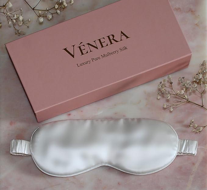 Vénera Silk Sleep Mask - 100% Pure 22 Momme Mulberry Silk Eye Sleeping Mask for Women and Men - Blackout Eye Mask for Sleeping (White)