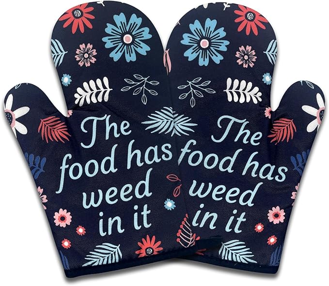 2 Pack Funny Weed Oven Mitts, The Food Has Weed in It, Heat Resistant Silicone Non-Slip Mitts, Kitchen Decor Gifts for Chef Baker, Christmas Birthday Gifts for Women Mom Wife Sister Friend