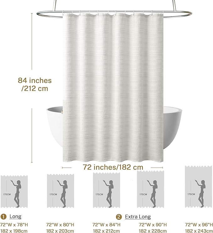 Siiluminisoy Extra Long Farmhouse White Boho Shower Curtain 72 x84 Cotton Blend Tufted Fabric Waffle Textured Shabby Chic Rustic Minimalist Striped Shower Curtains for Bathroom, Hotel
