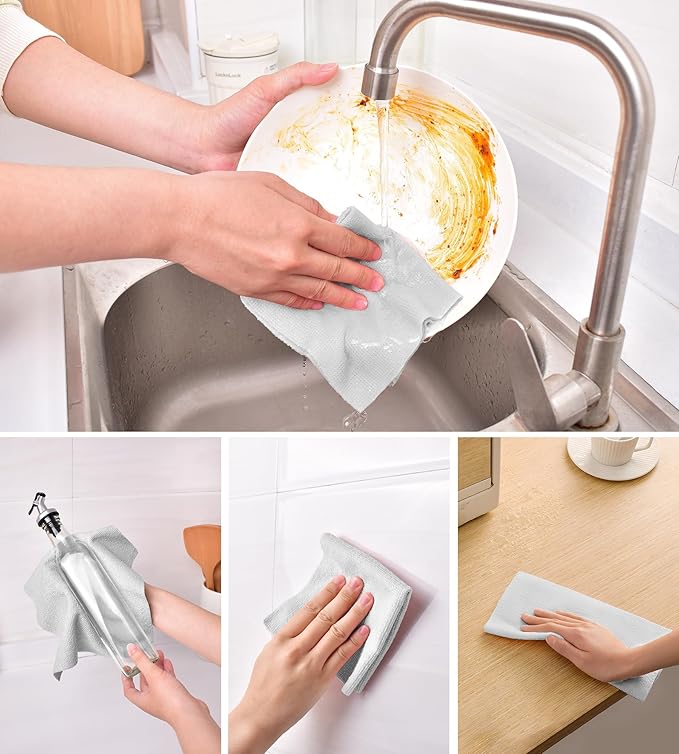 KitchLife Microfiber Cleaning Cloth Roll, 100 Pack - Tear-Away Microfiber Paper Towels, Lint-Free, Reusable, Washable for Kitchen, Car, Dishes, and Sensitive Surfaces (Light Gray)