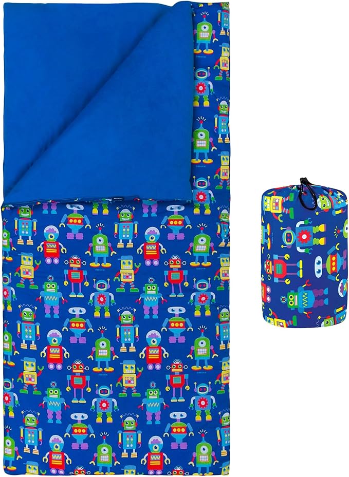 Wildkin Kids Sleeping Bag – Roll-Up Design with Storage Bag for School, Travel & Camping - Robots