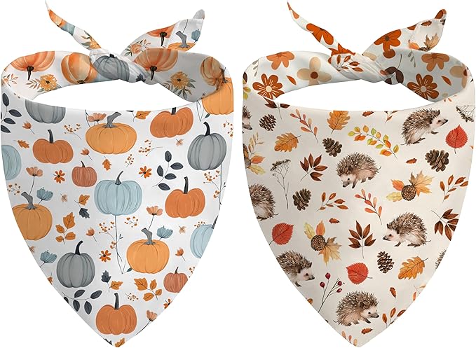 Fall Dog Bandana Reversible 2 Pack Small, Cute Autumn Pumpkin Floral Hedgehog Fall Pet Bandanas Set Adjustable Triangle Holiday Scarves for Small Medium Boy Girl Dogs