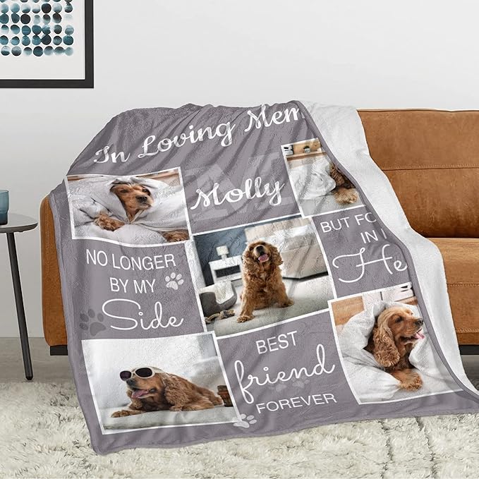 Ecautly Personalized Pets Blanket with Photos, Custom Dog Blanket for Small Dogs, Personalized Dog Blankets with Picture, Dog Memorial Gifts for Loss of Dog, Gifts for Pets Bereavement/Passing Away