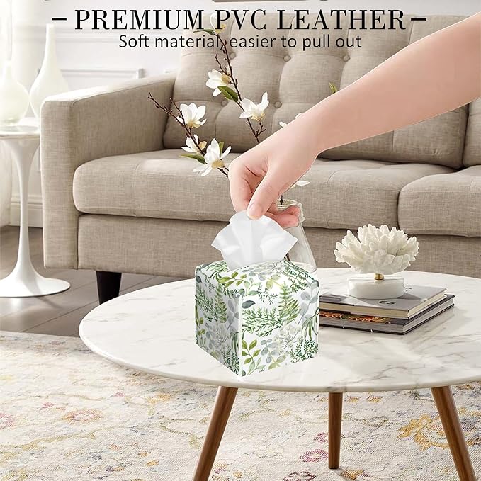 POIUBLE Green Leaves and Fern Tissue Box Cover Leather Tissue Box Holder Square Facial Paper Organizer Dispenser for Bathroom Kitchen Bedroom Vanity Countertop Night Stands