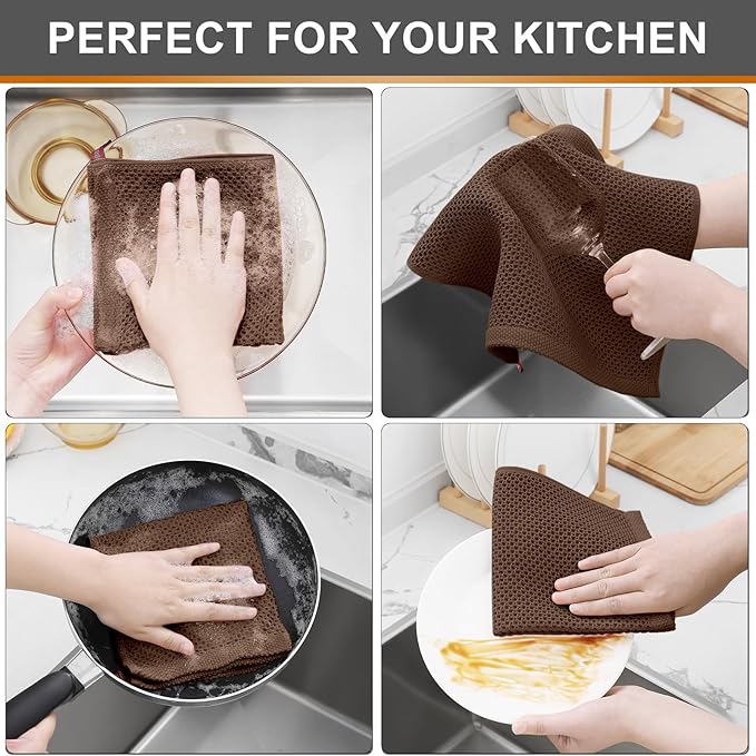 Kitinjoy 100% Cotton Kitchen Dish Cloths (12 X 12 Inches, Coffee),6 Pack Waffle Weave Ultra Soft Absorbent Dish Towels for Drying Dishes Quick Drying Kitchen Towels Dish Rags