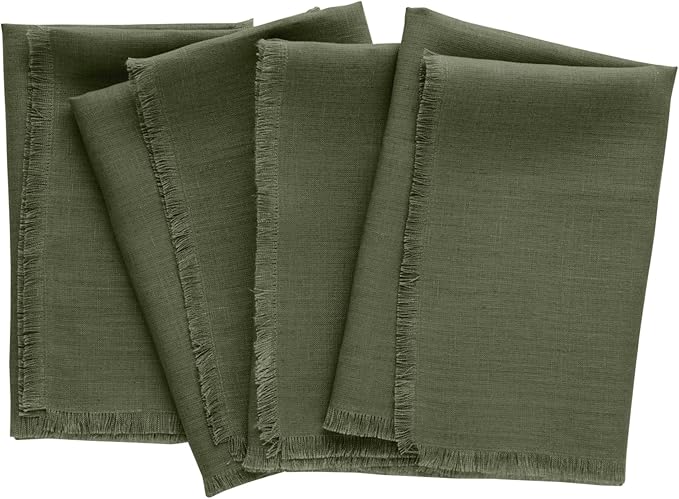 Solino Home Fringe Linen Cloth Napkins Set of 4-100% Pure Linen Desert Green Dinner Napkins 20 x 20 Inch for Winter, St Patricks Day - Handcrafted and Machine Washable