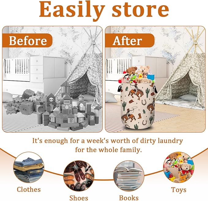 Colorful Western Cowboy Laundry Basket with Sturdy Handles, Collapsible Oxford Cloth Laundry Hamper Organizer Basket for Bathroom Bedroom 15.7x20 Inch