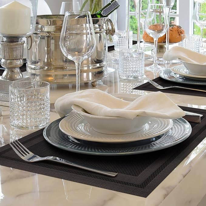 Winknowl Placemats Set of 6，Heat Resistant Woven Vinyl Washable PVC Place Mats，Non-Slip Stain Resistant Indoor/Outdoor Table Mats for Dining Table (Black Brown)