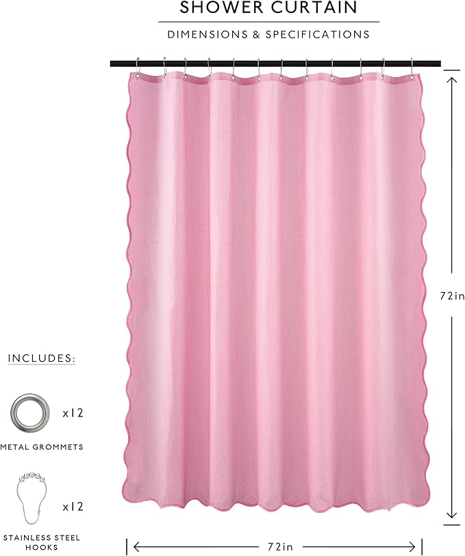MONDAY MOOSE Scalloped Waffle Weave Shower Curtain with Rustproof Metal Grommet Holes for Bathroom, Machine Washable, Hooks Included (72x72 inch, Hot Pink/Light Pink)