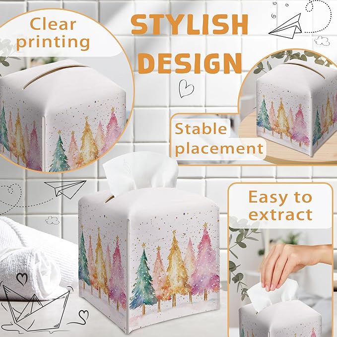 Christmas Tissue Box Holder, Colorful Christmas Tree Leather Tissue Box Cover Square, Paper Facial Decorative Tissues Cover for Night Stands Bathroom Kitchen Office Car Home Decor-B18