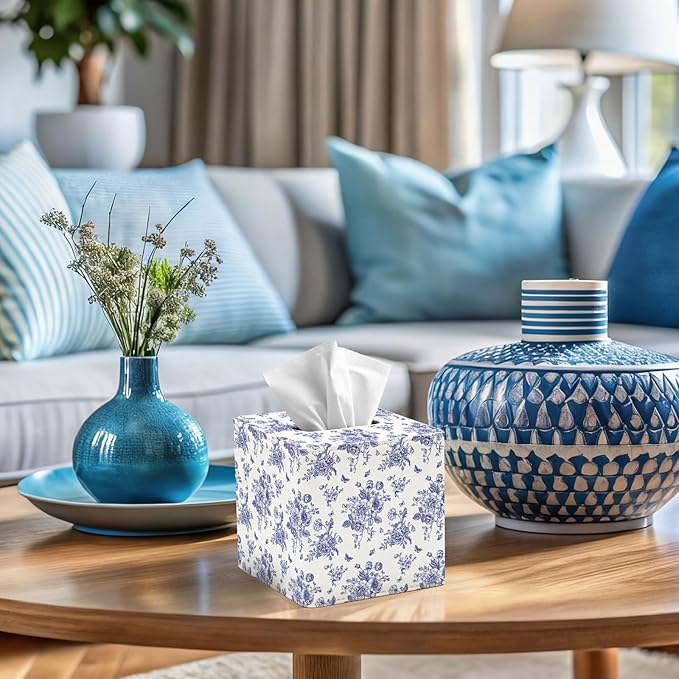 JarThenaAMCS Blue Floral Tissue Box Cover with Magnetic Closure PU Leather Tissue Holder Chinoiserie Flower Butterfly Square Napkin Box for Home Office Bedroom Countertop Decor