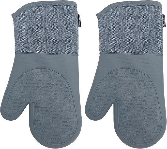 Homewear Marlow Silicone Extra Long Oven Mitt 2 Piece Set, Heat and Slip Resistant, Recycled Cotton with Soft Lining, Thick Kitchen Gloves for Cooking, Slate