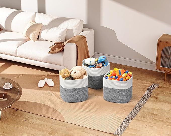 Gocjuaza 3 Pack Storage Cubes 11 Inch Cotton Rope Woven Baskets for Organizing Cube Bin Square Shelves Organizer,Classroom,Kids Toy Bins,Closet,Baby Nursery(Grey)