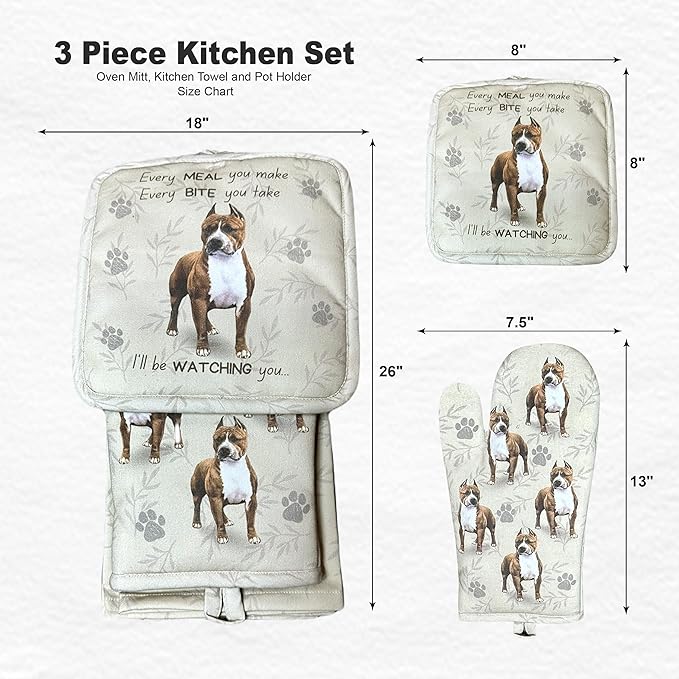 Pit Bull 3-Piece Kitchen Set - Oven Mitt, Pot Holder & Kitchen Towel Set, Heat Resistant up to 420 F, Soft Quilted Cotton for Cooking, Baking, BBQ, Pet Lover Gifts (Pit Bull)