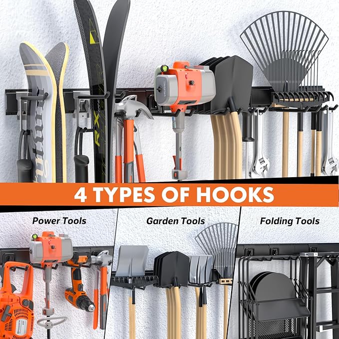 Lvoess 48" Garage Tool Organizer Wall Mount, 440lbs Heavy Duty Metal Storage Rack | Adjustable Hooks Garden Tool Organization System | Anti-Rust Shed Holder for Hanging Rake, Broom, Shovel, Snowboard